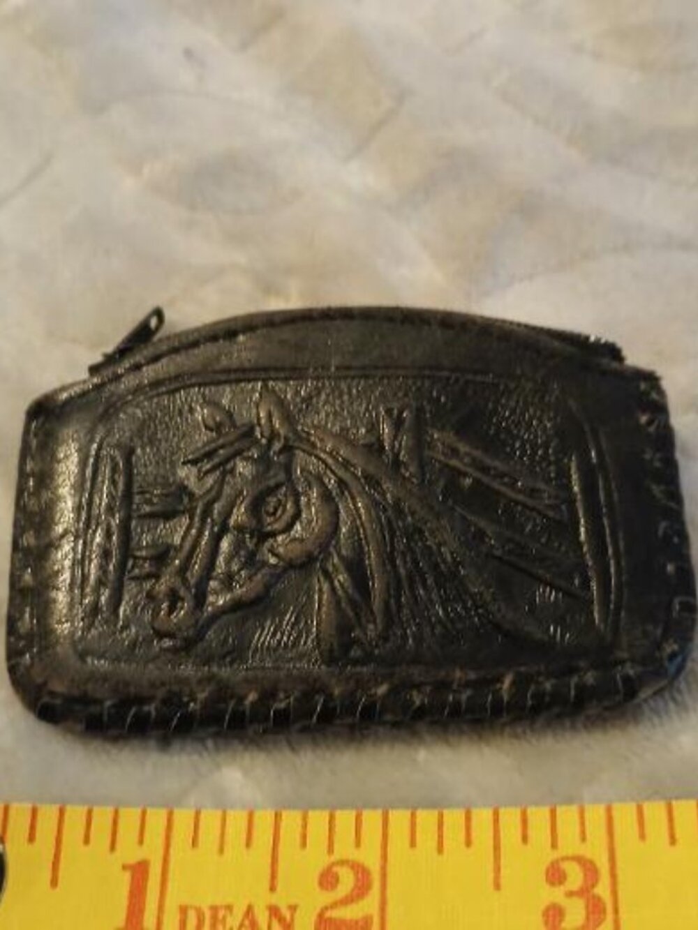 Vintage handmade black leather tooled coin purse with zipper closure